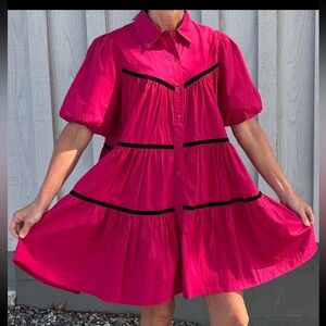 Fuchsia Tiered Puff-Sleeve Shirt Dress with Black Velvet Trim